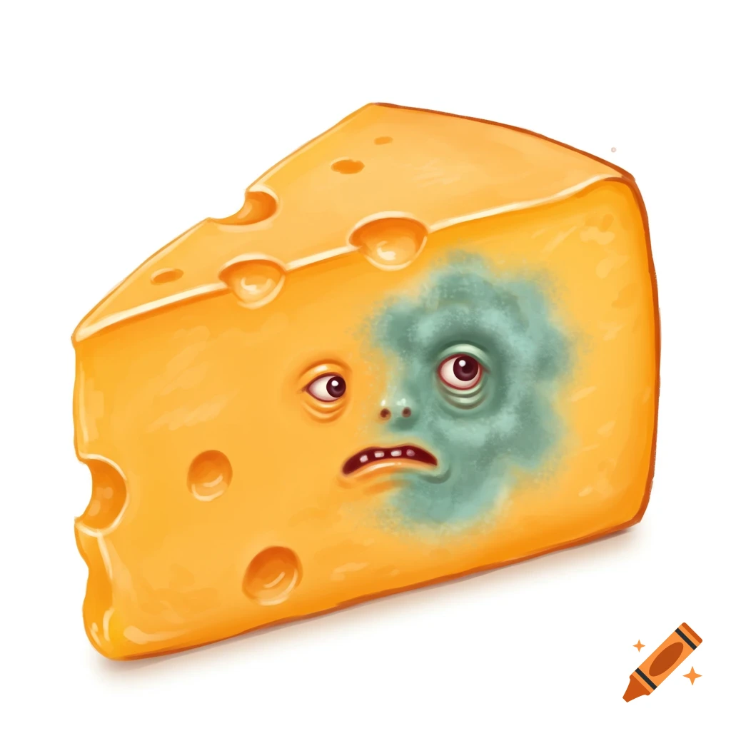A slice of cheese with a face and mold