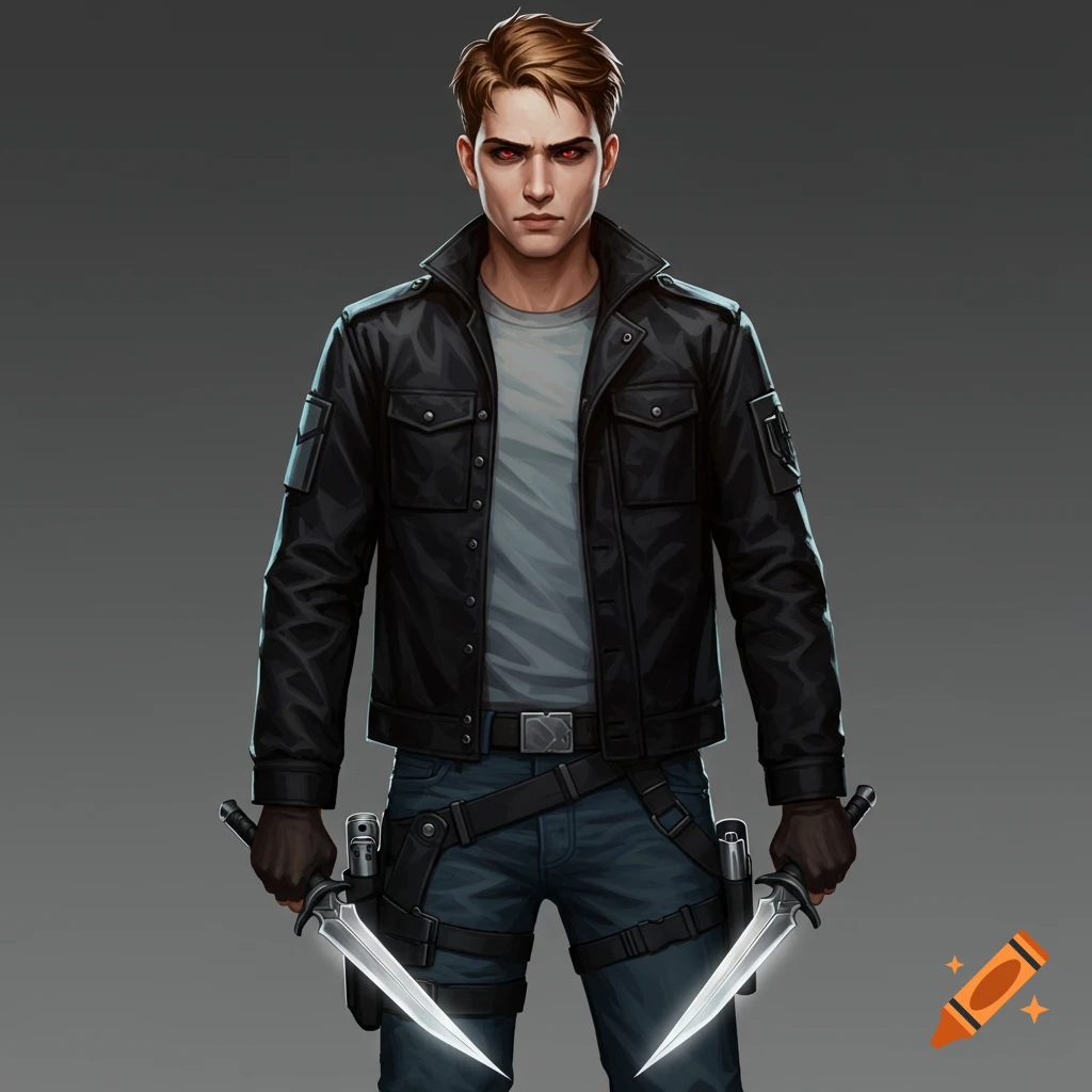 A man in a black jacket and jeans holding two glowing daggers.