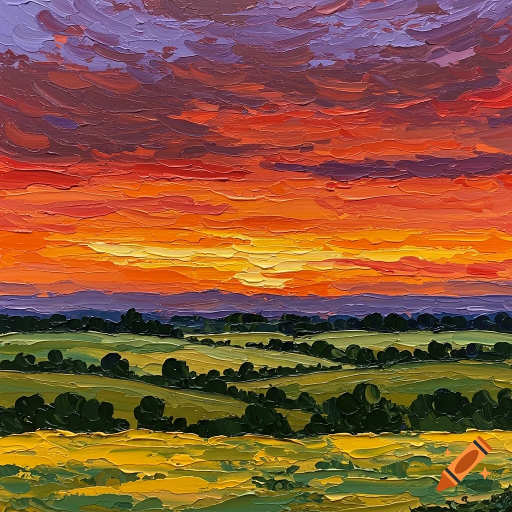 Fauvist painting of a vibrant sunset over rolling green and yellow hills.