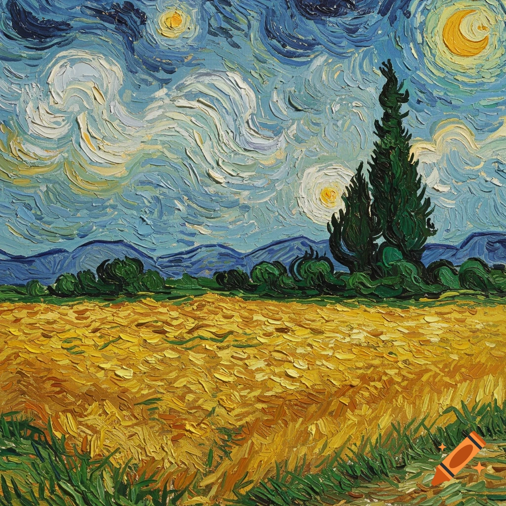 Painting in Van Gogh style of a landscape with a field, trees, mountains, and a starry sky.