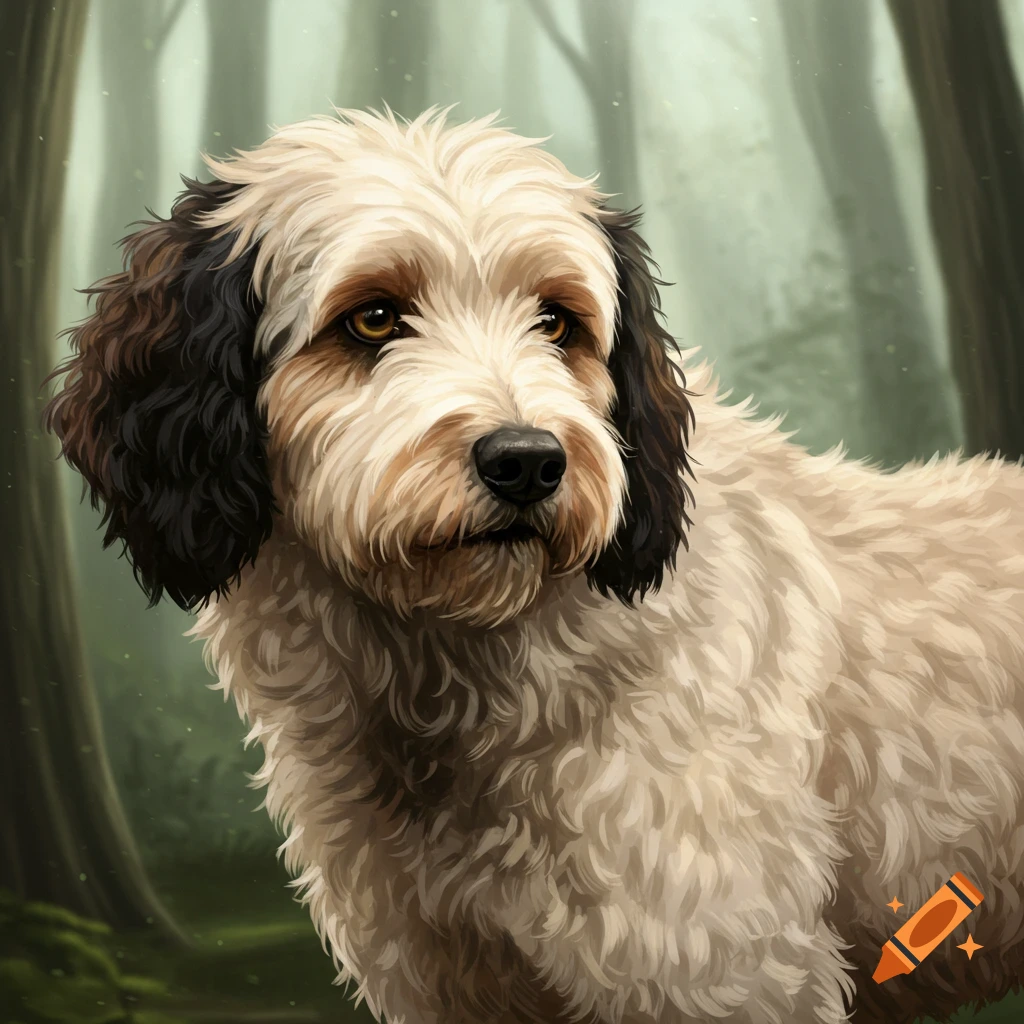 A fluffy dog with light and dark fur stands in a misty forest.