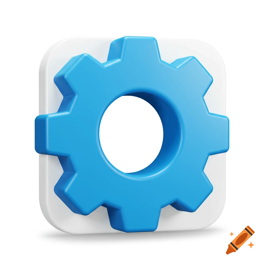 A 3D blue gear icon on a white background.