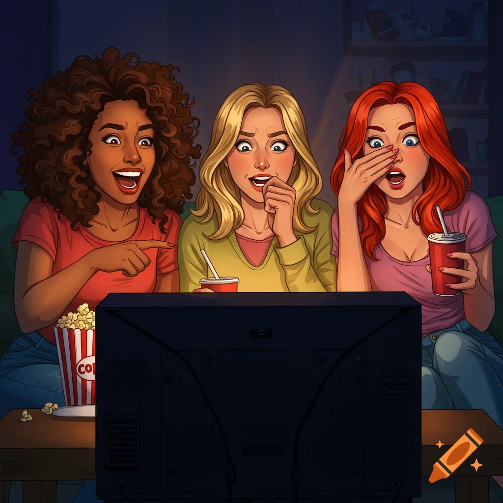 Digital illustration of three women looking scared while watching a movie and eating popcorn.