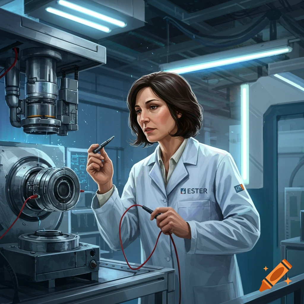 A woman in a lab coat working with scientific equipment.