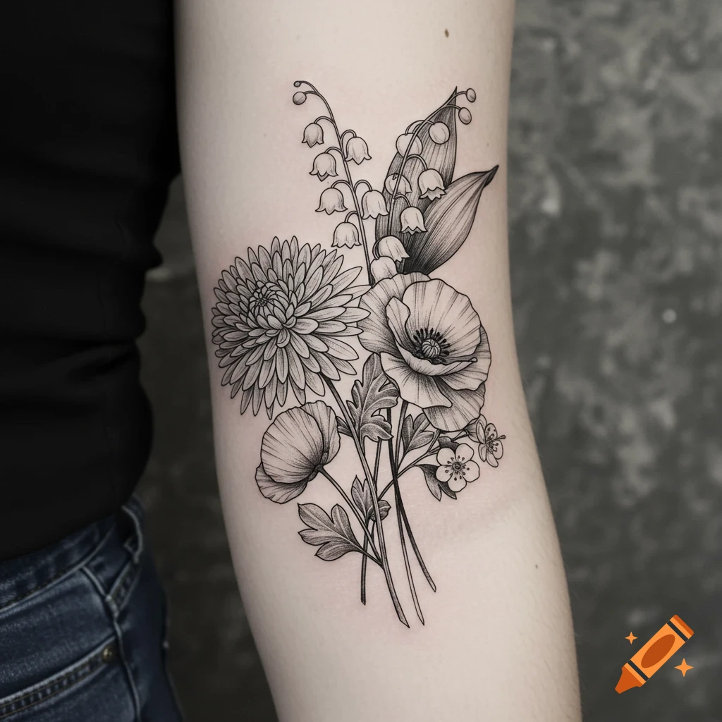 Black and white tattoo of a bouquet of chrysanthemum, lily of the valley,  poppies, and small flowers on an arm. on Craiyon, image size:1024x1024