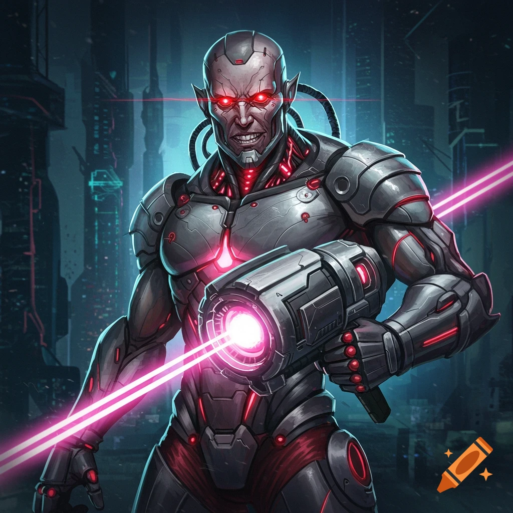 A cyborg holding a large laser gun in a futuristic city.