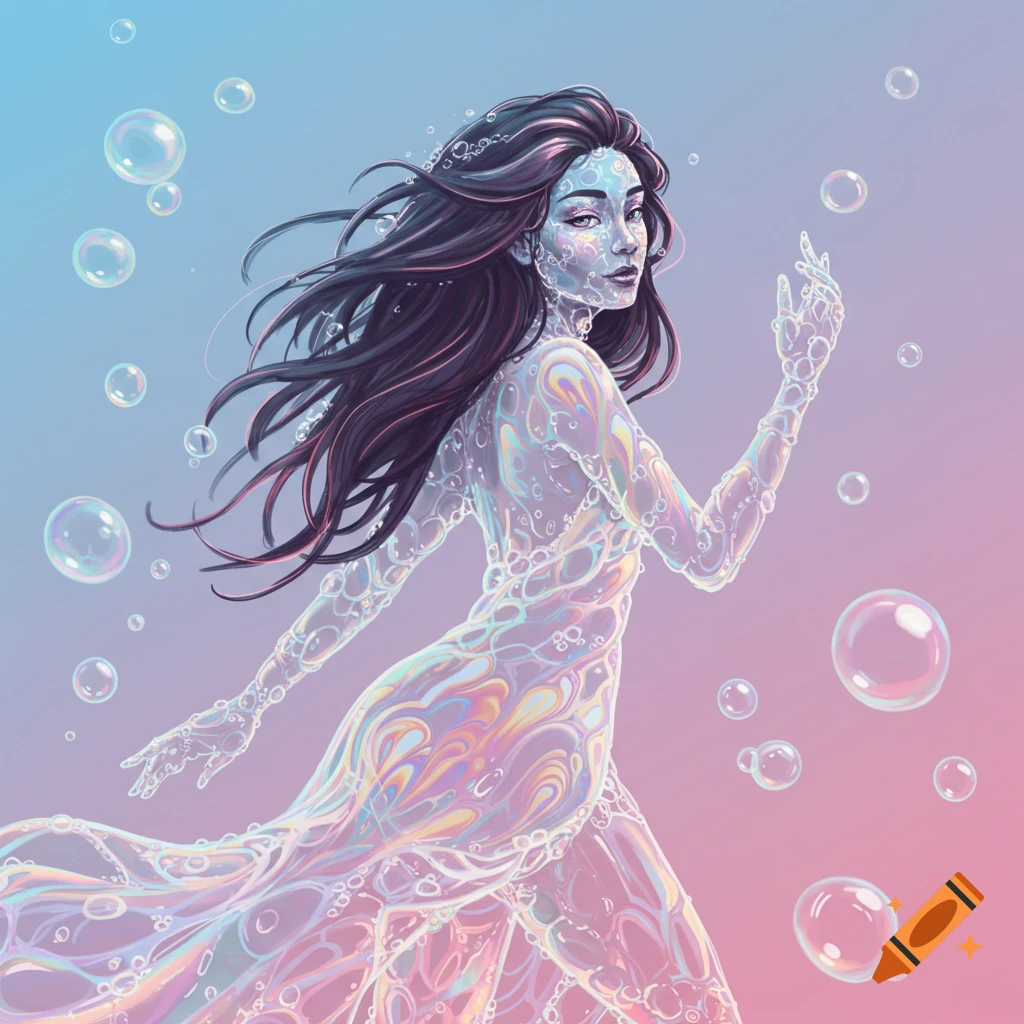 A woman made of translucent bubbles, surrounded by more bubbles.