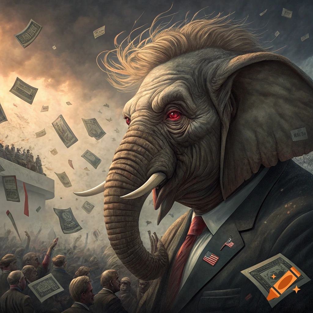 Elephant in suit with human hair raining money over crowd in apocalyptic setting