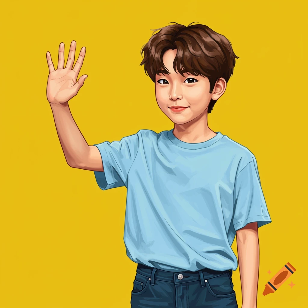 A young boy in a blue shirt is waving on a yellow background.