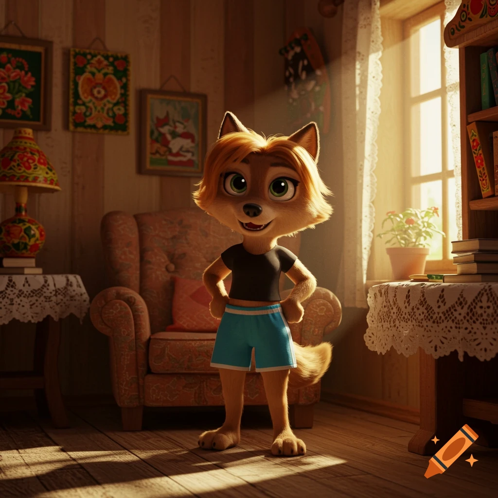 Animated female wolf stands in a sunlit, cozy room.