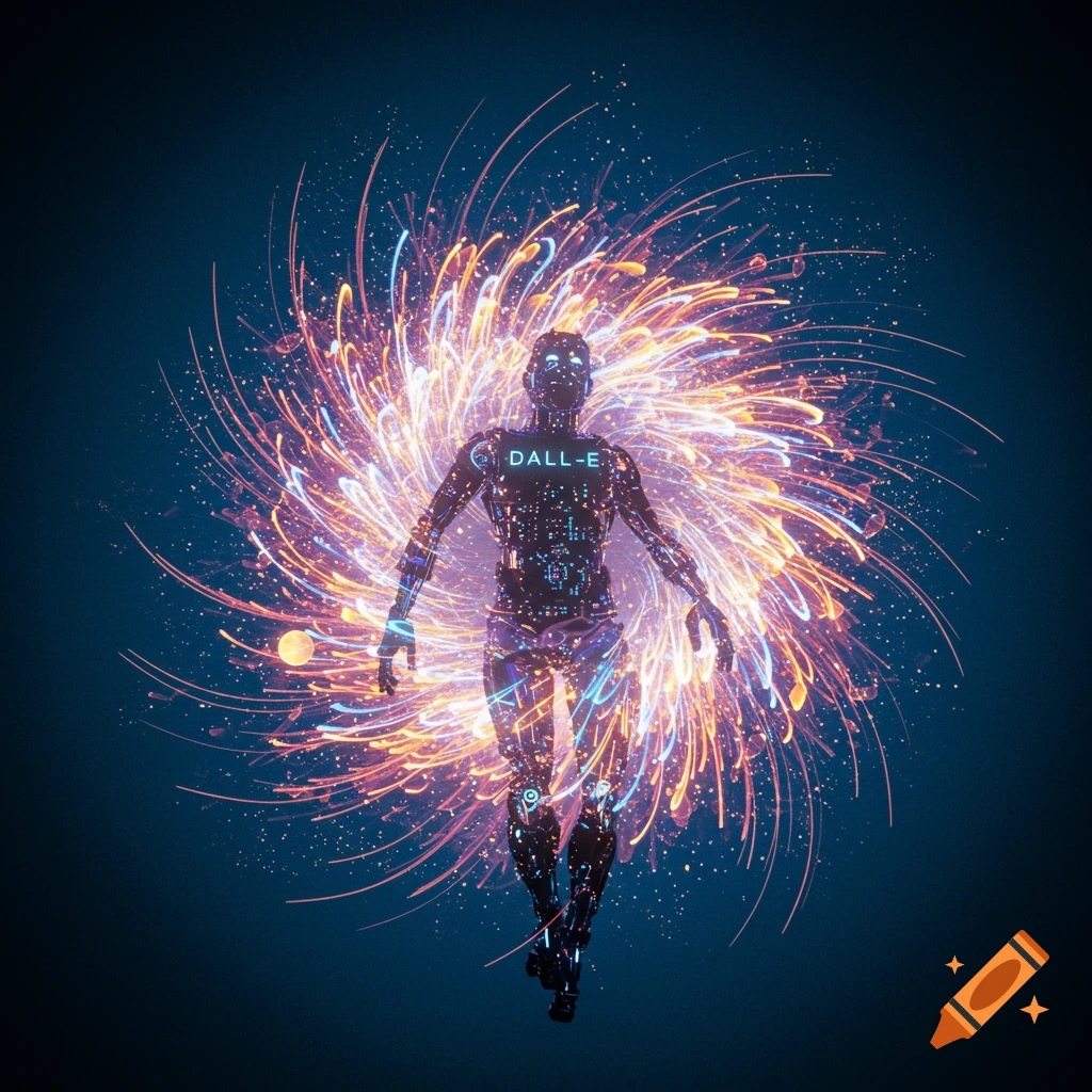 Digital art of a futuristic human figure made of circuitry, surrounded by swirling light trails.