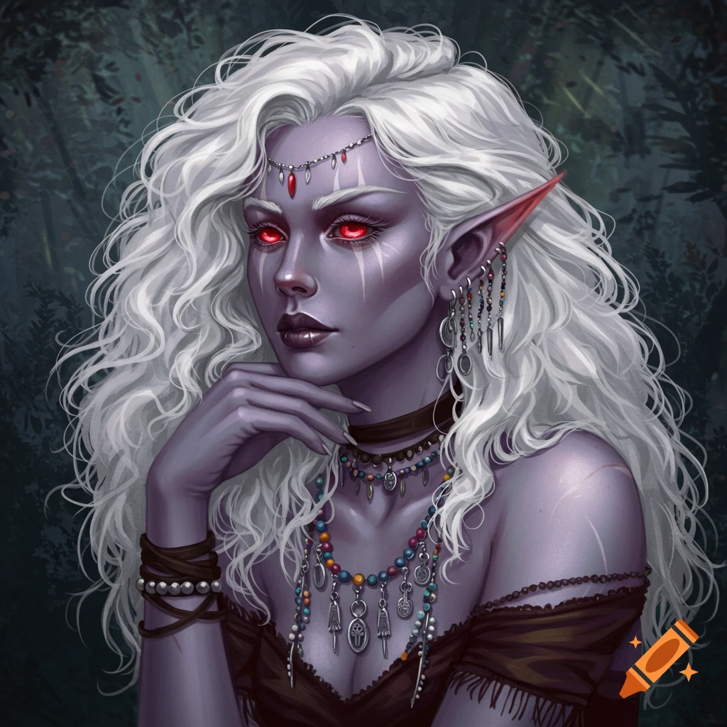A portrait of a dark elf woman with white curly hair and red eyes wearing colorful jewelry.