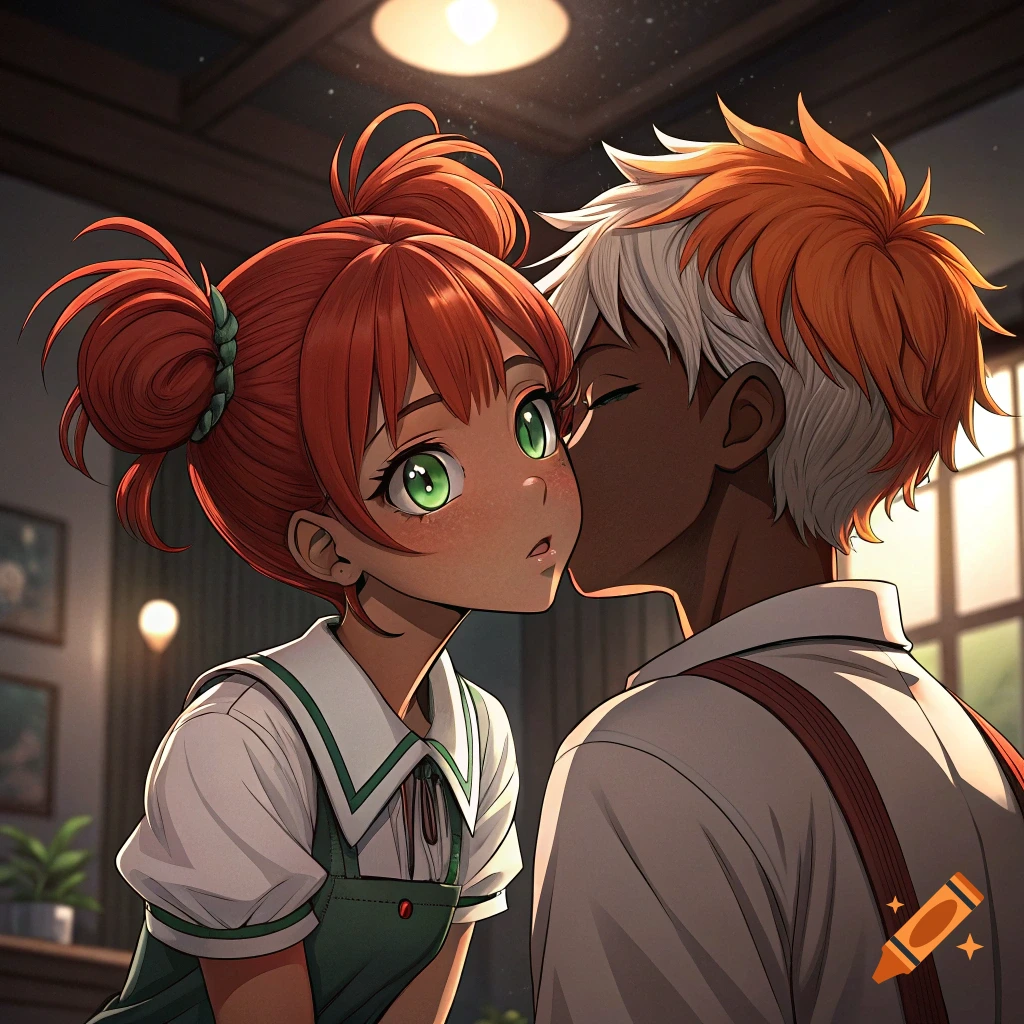 Anime girl with red hair being kissed by character with white hair