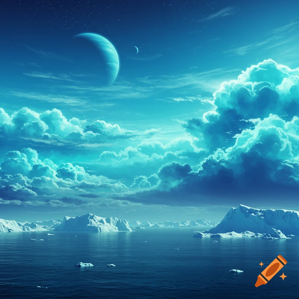 A blue planet and moon over an icy ocean landscape with large clouds.