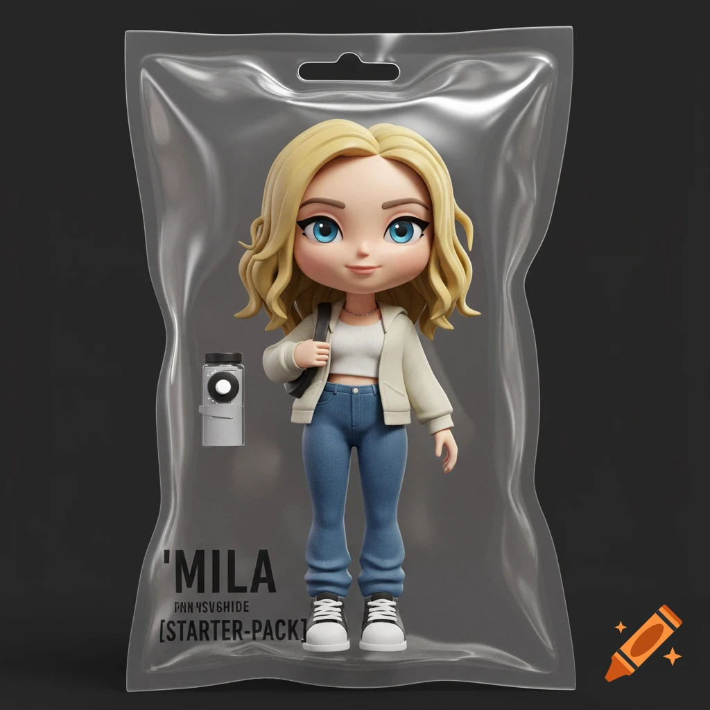 3D figurine of a blonde woman in a jacket and jeans inside clear plastic packaging.