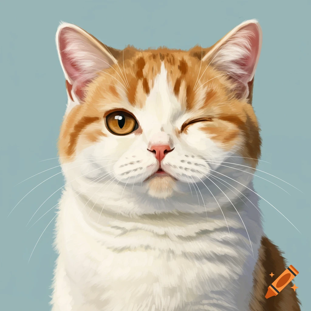 A close-up of an orange and white cat winking one eye on a blue background.