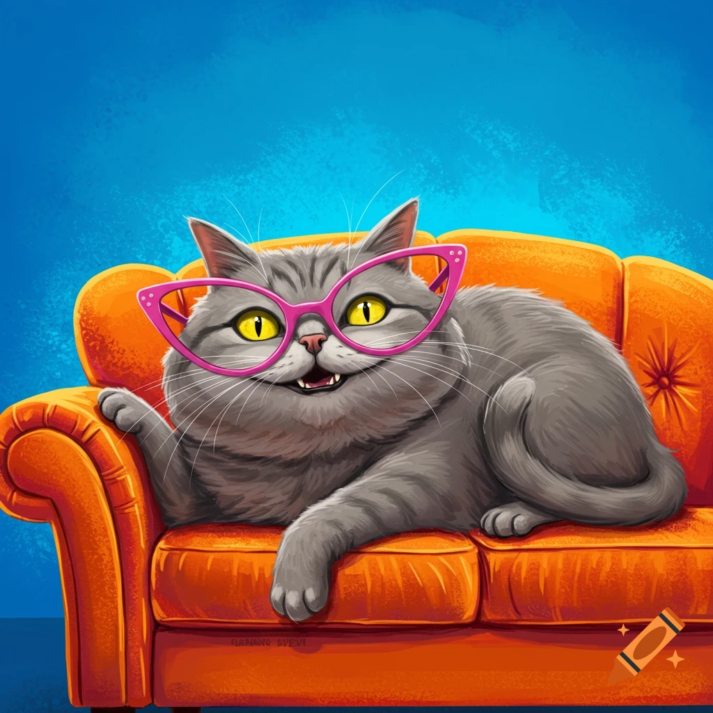 A stylized image of a grey cat with pink glasses lying on an orange couch.