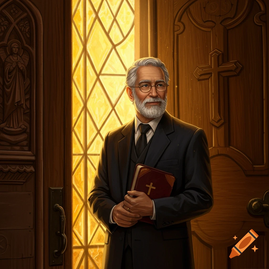 A bearded man in a suit holding a bible near a church door.