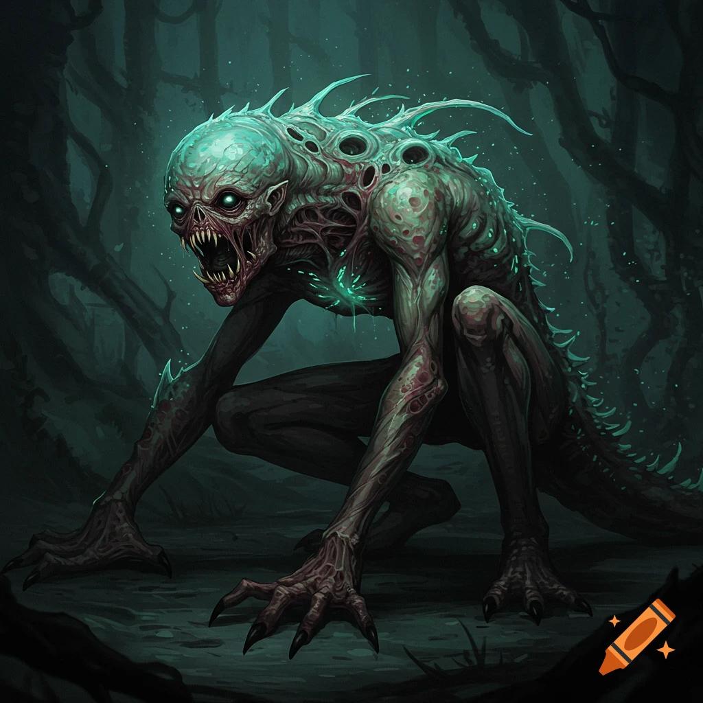 A skeletal monster with glowing eyes squatting in a dark forest.