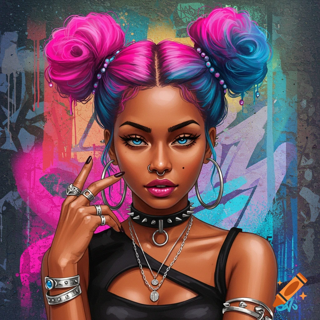 Portrait of a woman with pink and blue buns and punk fashion in front of graffiti