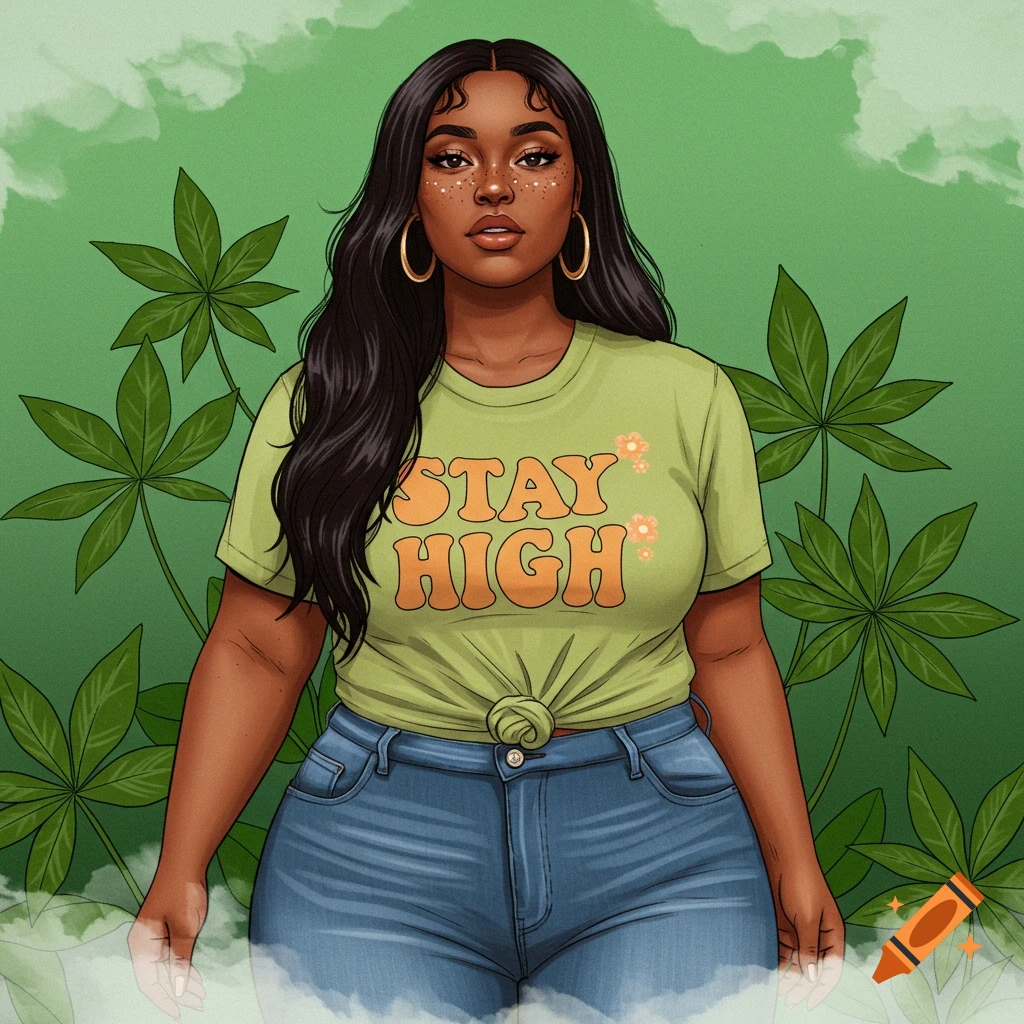 Digital illustration of a woman in a 'STAY HIGH' t-shirt surrounded by cannabis leaves.