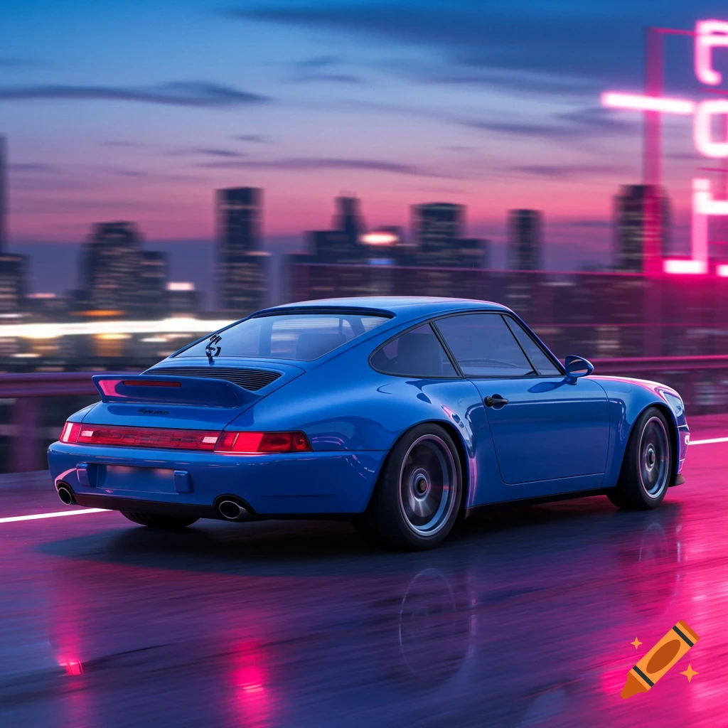 A blue Porsche driving on a wet road at night, with a blurry cityscape and neon lights in the background.