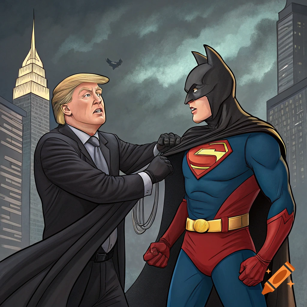 Donald Trump grabs the cape of a character wearing a Batman cowl and Superman suit in a comic art style.