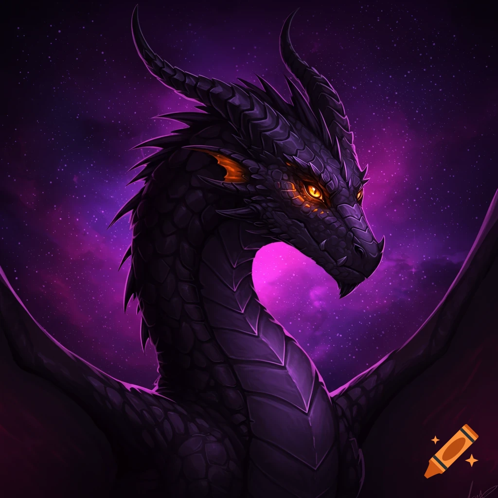 A dark dragon with glowing eyes against a purple starry sky