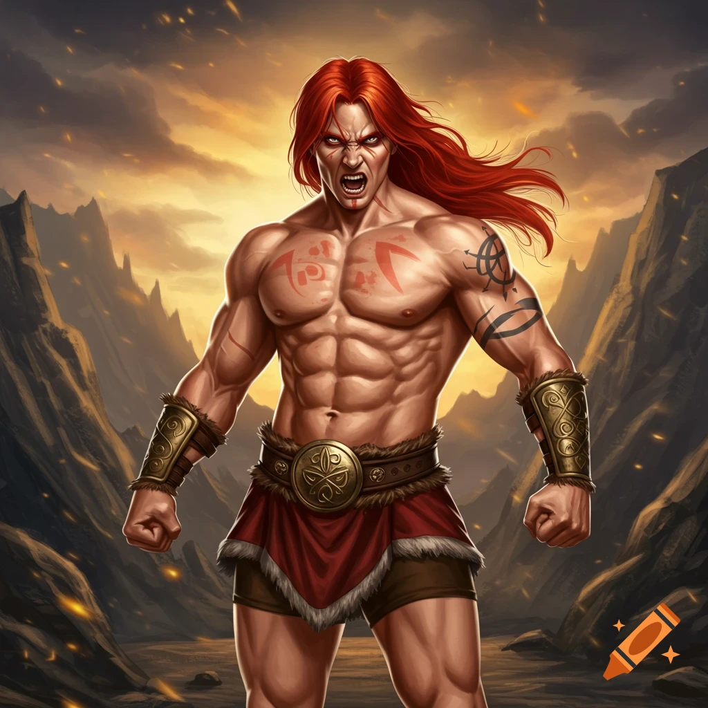 A muscular fantasy warrior with red hair stands in a dramatic mountain landscape.