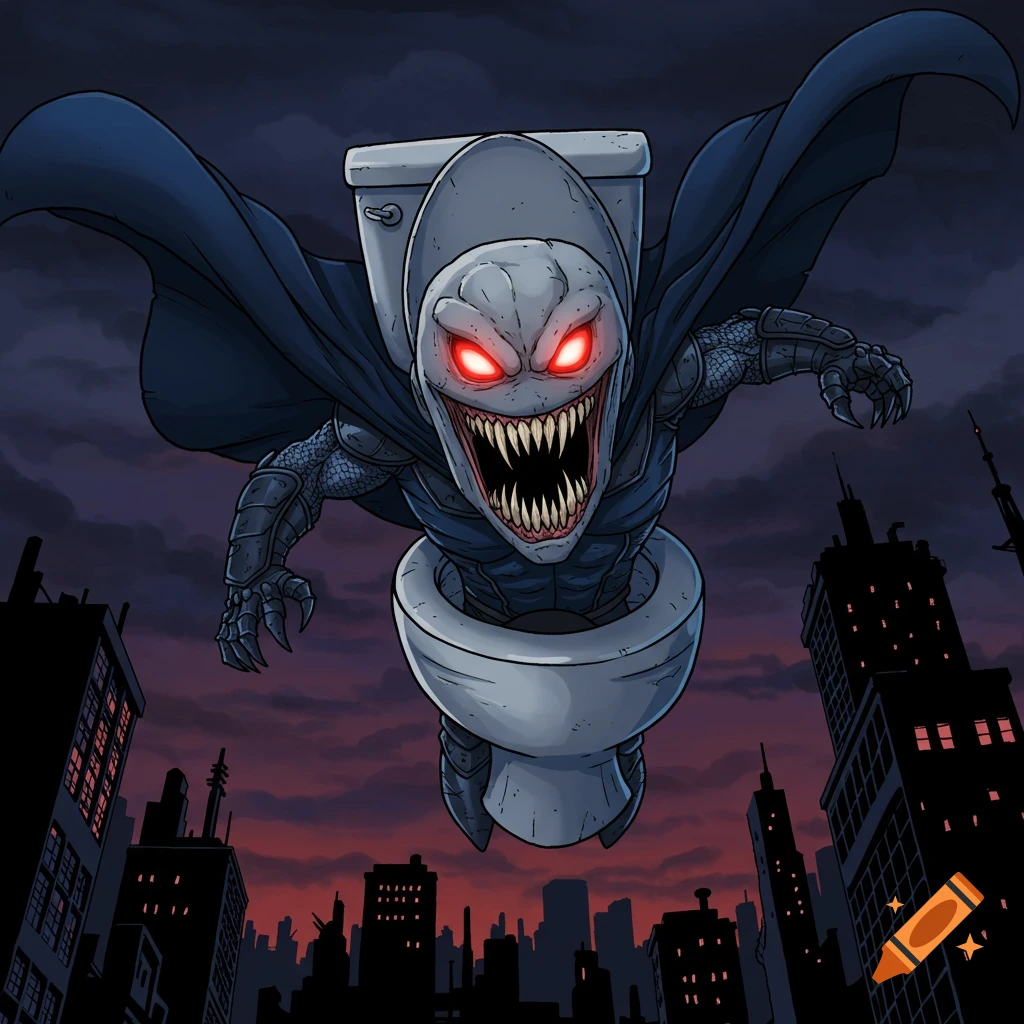 A scary creature in a toilet flies over a city at night, digital art.