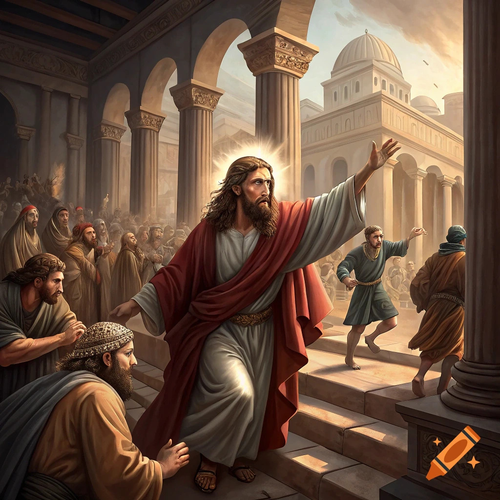 Painting of Jesus casting out traders from the temple, with a crowd of people and classical architecture.