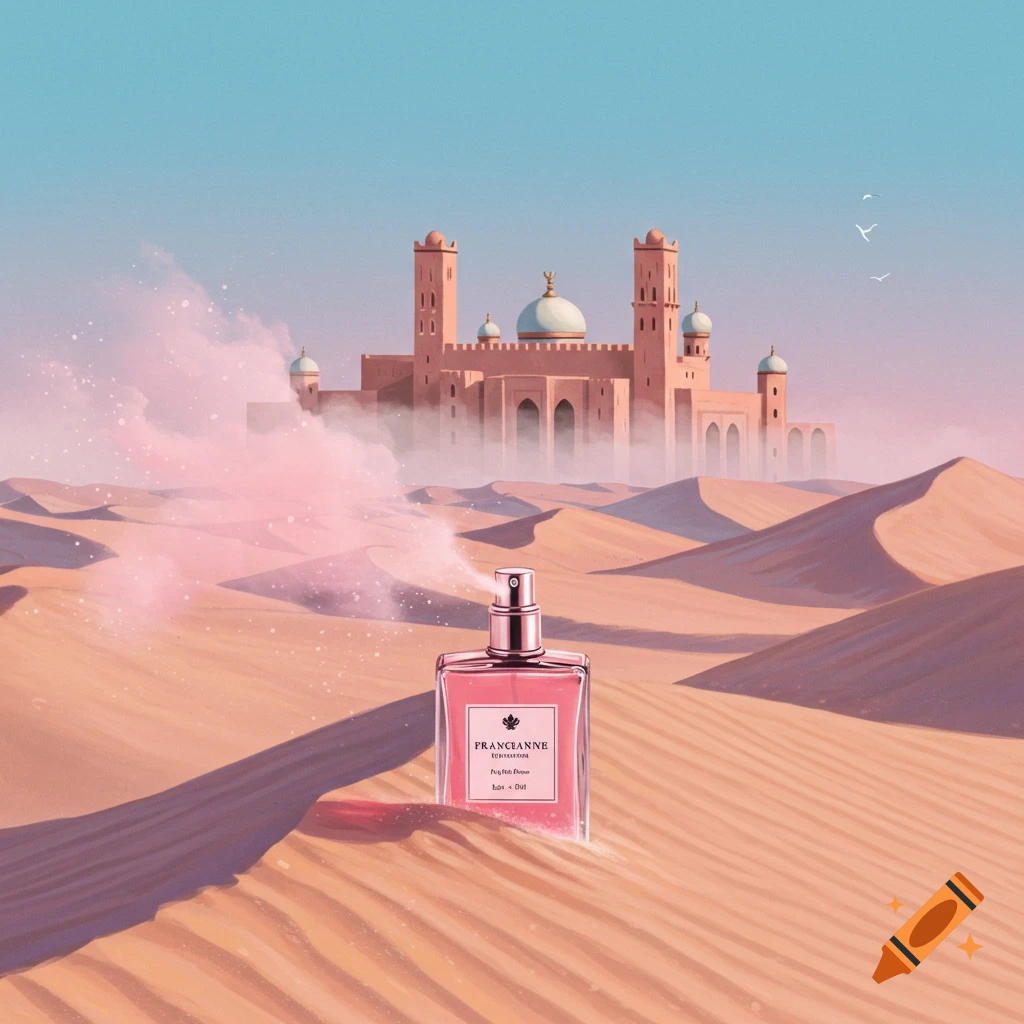 A pink perfume bottle in a desert with sand dunes and a palace in the background