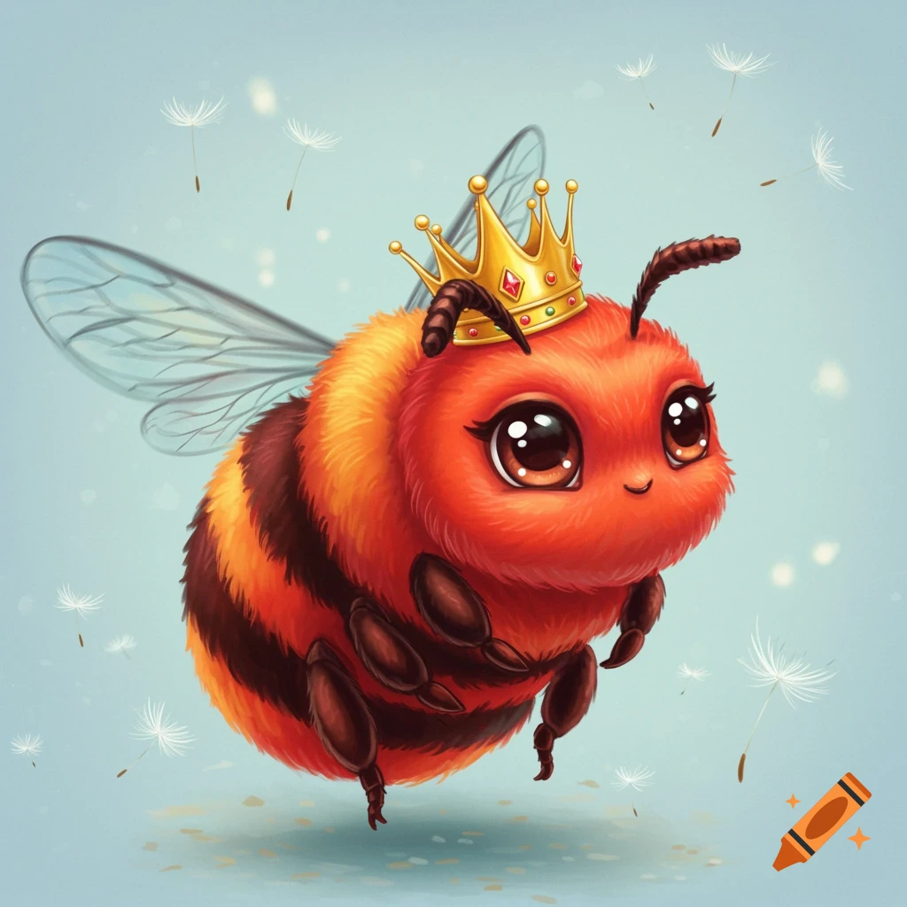 A cute cartoon bumblebee with a golden crown floats on a blue background with dandelion seeds.
