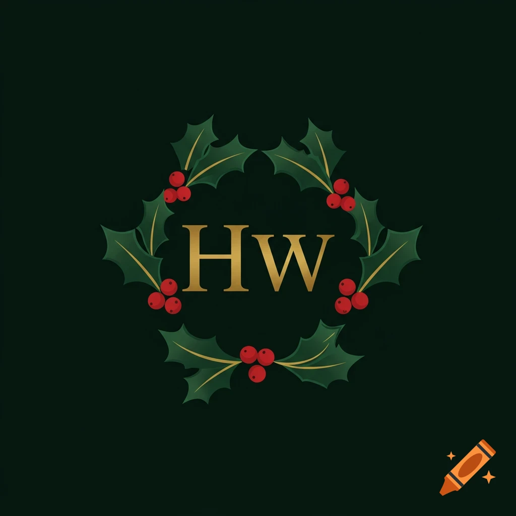 Logo with a holly and berry wreath around the letters HW