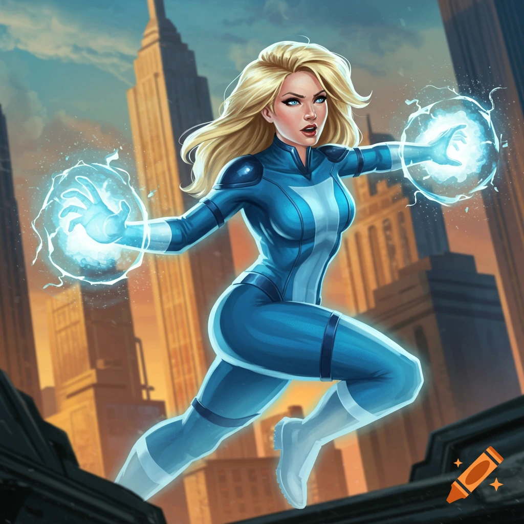 A blonde superhero in a blue suit flying over a city, hands glowing with energy.