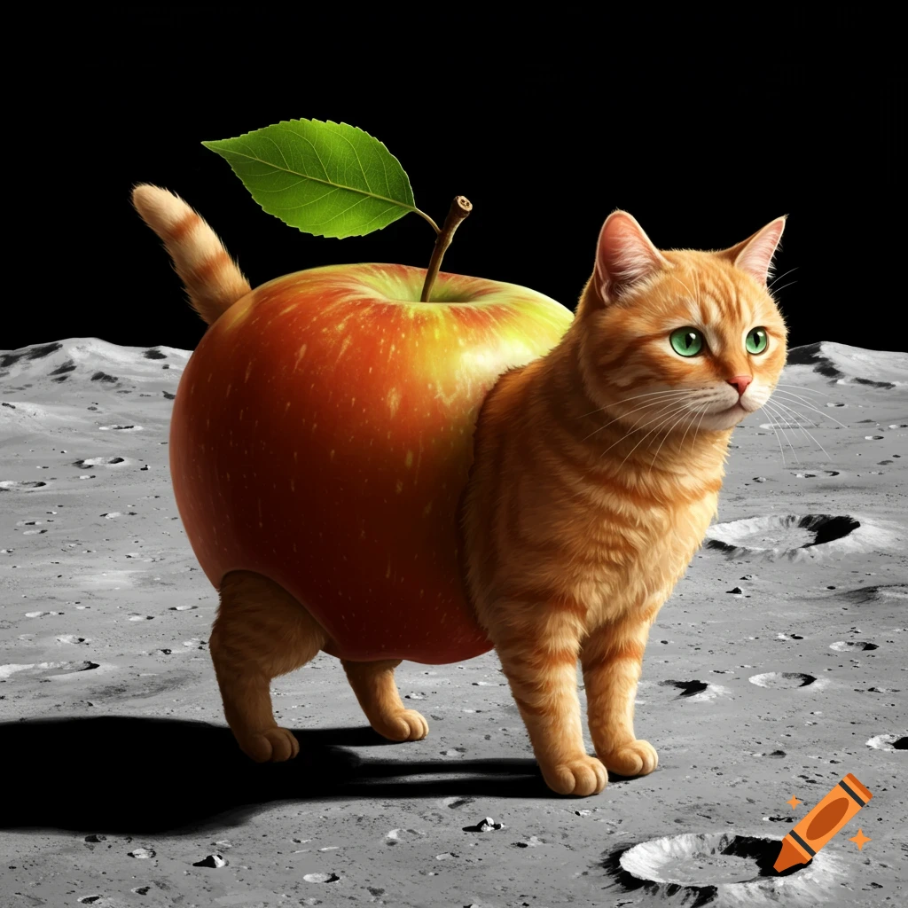 An orange tabby cat with an apple for a body stands on the moon.