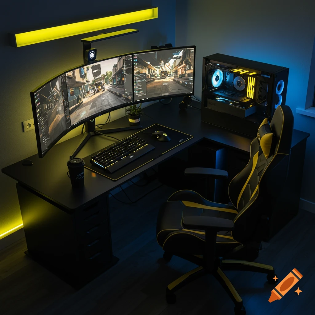 A black and yellow gaming setup with multiple monitors on an L-shaped desk.