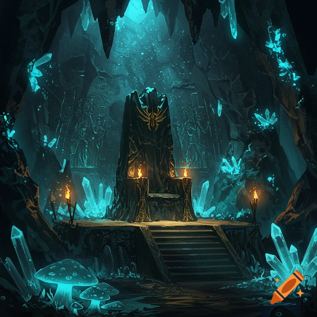 A dark fantasy cave throne room illuminated by glowing crystals and mushrooms.