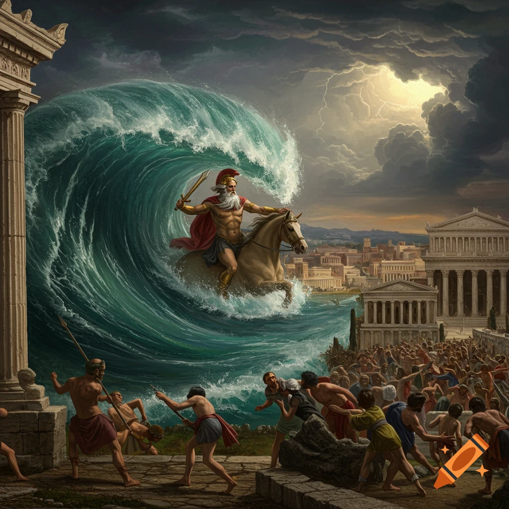 Poseidon on a horse riding a giant tsunami towards an ancient city as people flee.