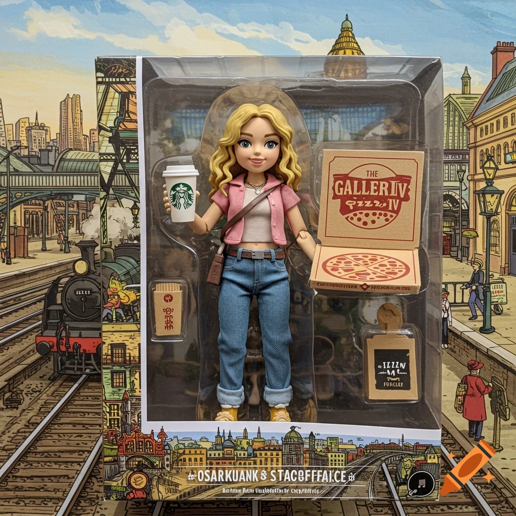 Action figure of a young woman holding a Starbucks cup and pizza box, packaged in a box with a train station background.