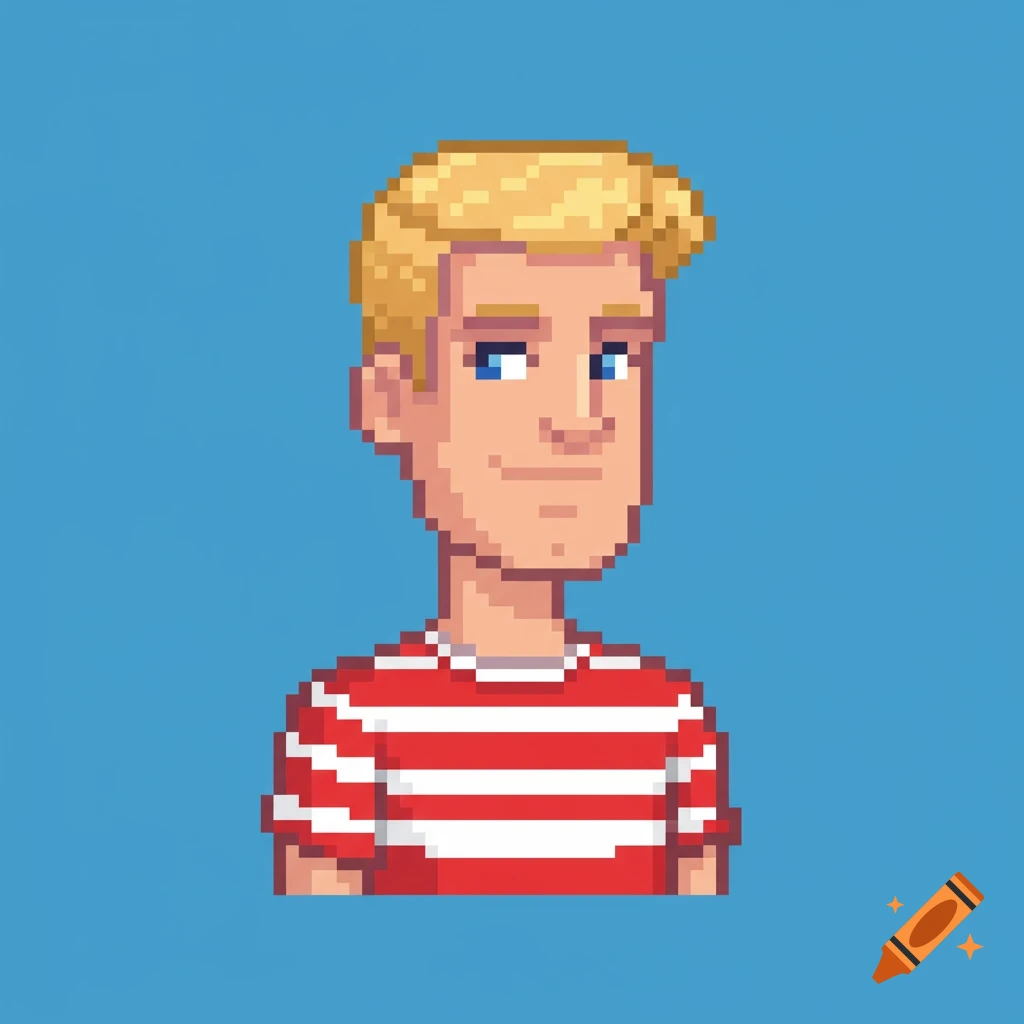 Pixel art portrait of a blonde man in a red and white striped shirt against a blue background.