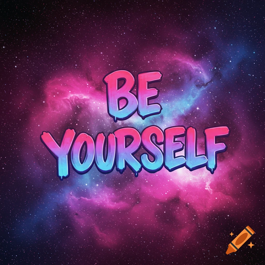 The text 'BE YOURSELF' in colorful dripping font over a vibrant pink and blue nebula background.