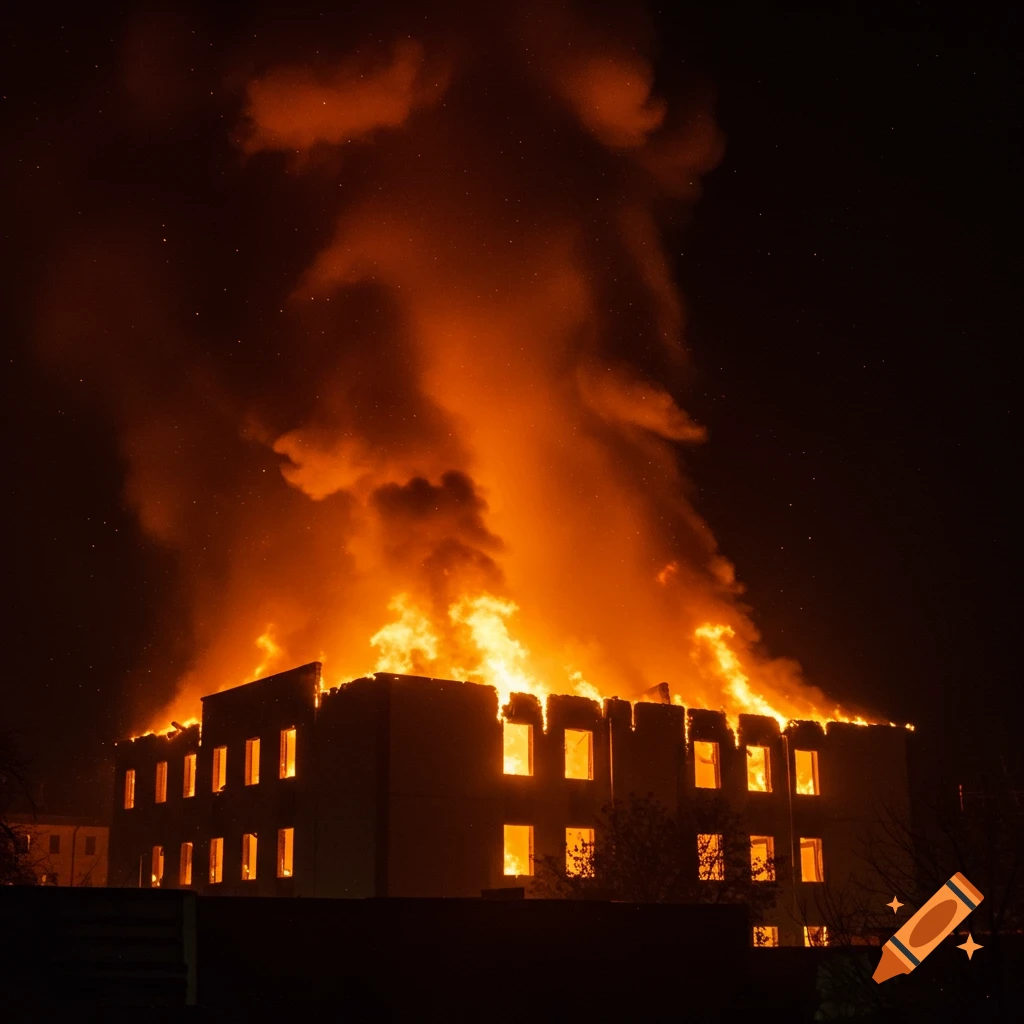 Building on fire at night with smoke rising into the dark sky.