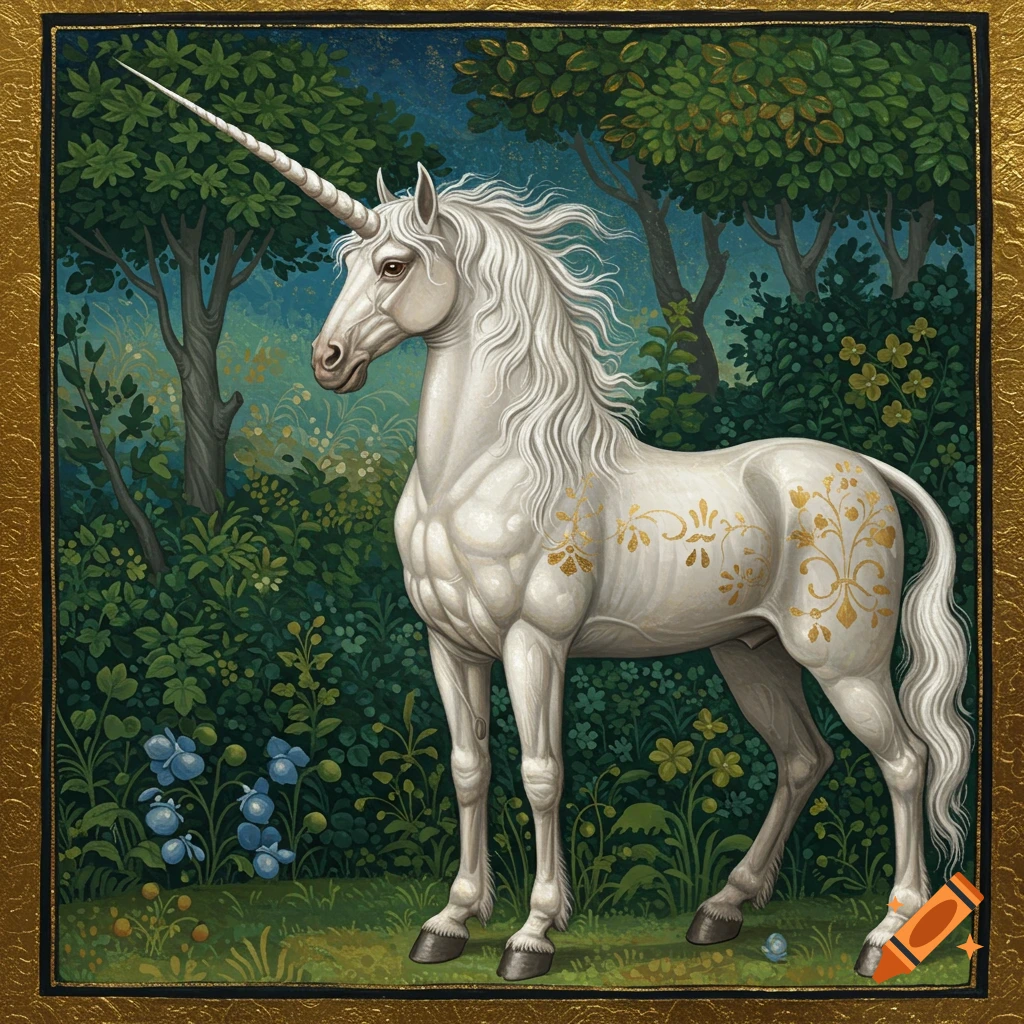A white unicorn with golden patterns stands in a lush medieval forest.