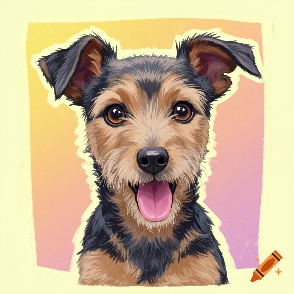 Painting of a scruffy terrier dog panting against a yellow and pink gradient background.