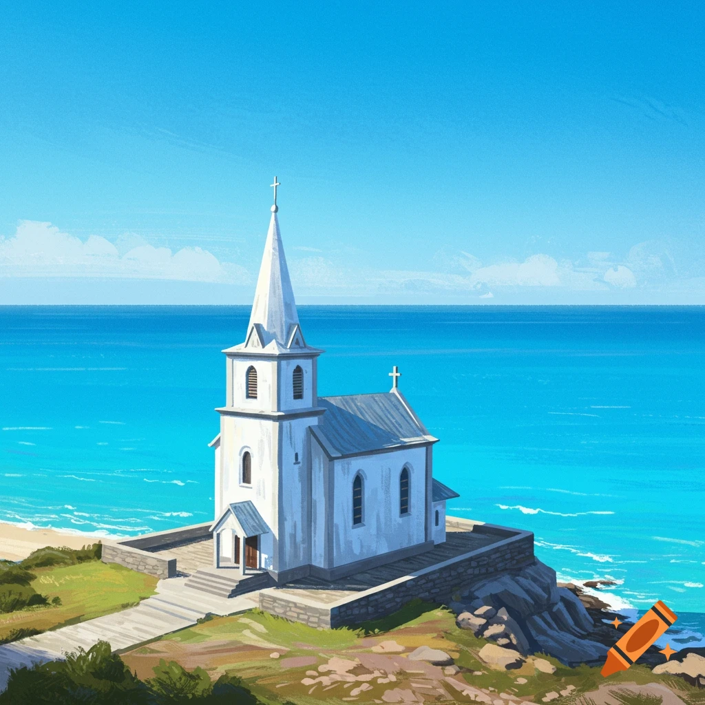 A white church stands on a rocky cliff overlooking a bright blue ocean.