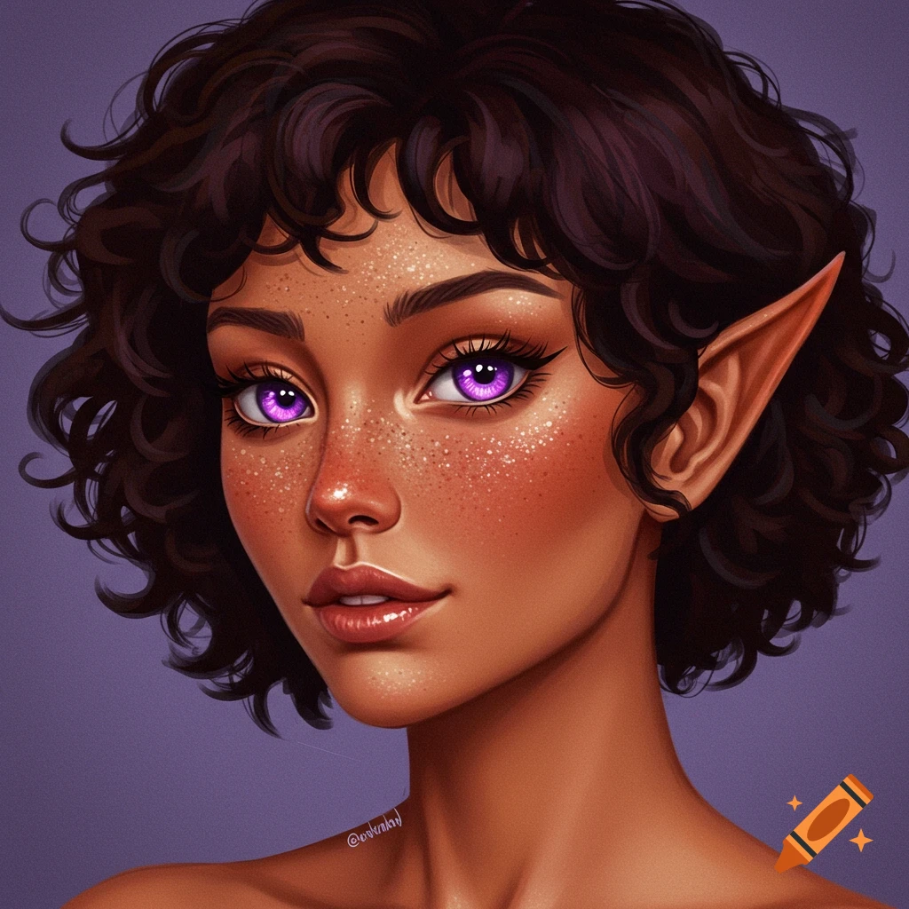 Portrait of a female with short curly dark hair, purple eyes, freckles, and pointed ears.