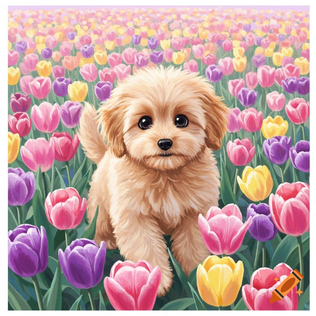 A cute puppy sits in a field of colorful pastel tulips.
