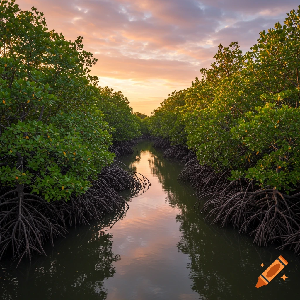 A river winds through a lush mangrove forest at sunset.