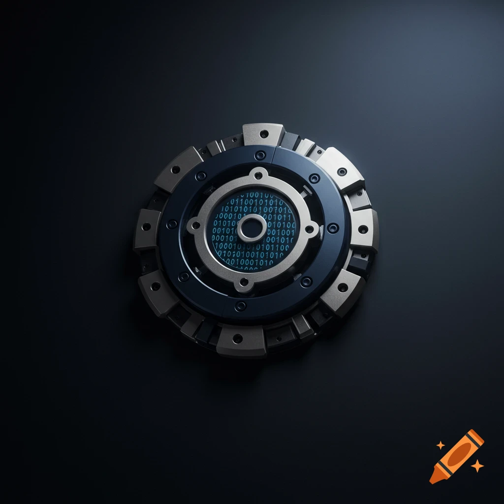 A dark blue and silver technical emblem with binary code in the center.